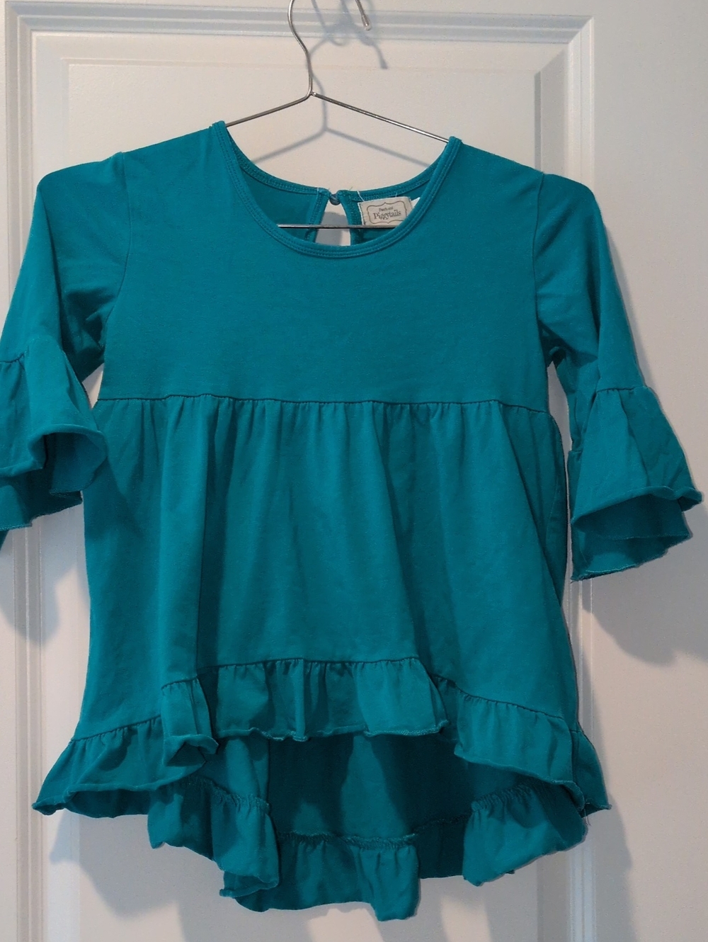 Pearls & Pigtails - Size 8 - Girls Teal Ruffle High-Low Top